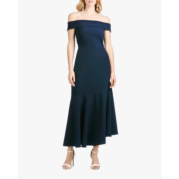 NWT Sachin Babi Lily Dress 8 Midnight Navy Blue Off Shoulder Midi Gathered NEW - Picture 1 of 5